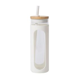 Glass Water Tumble Straw Silicone Bamboo Lids Iced Coffee Cup Bottle Reusable (Color: White, Capacity: 590ML)