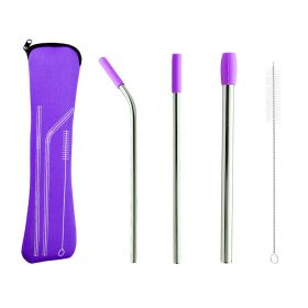 5pcs Set Stainless Steel Straws; Reusable Metal Straws With Silicone Tips; Sturdy Bent Straight Drinks Straw; Food Grade Straw; With 3pcs Straws; 1pc (Color: Purple)