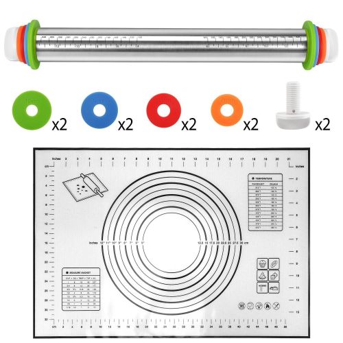 Dough Rolling Pin Dough Roller Stainless Steel Rolling Pins with 4 Removable Adjustable Thickness Rings and Rolling Mat Dough Rolling Pin Dough Roller Stainless Steel Rolling Pins with 4 Removable Adjustable Thickness Rings and Rolling Mat